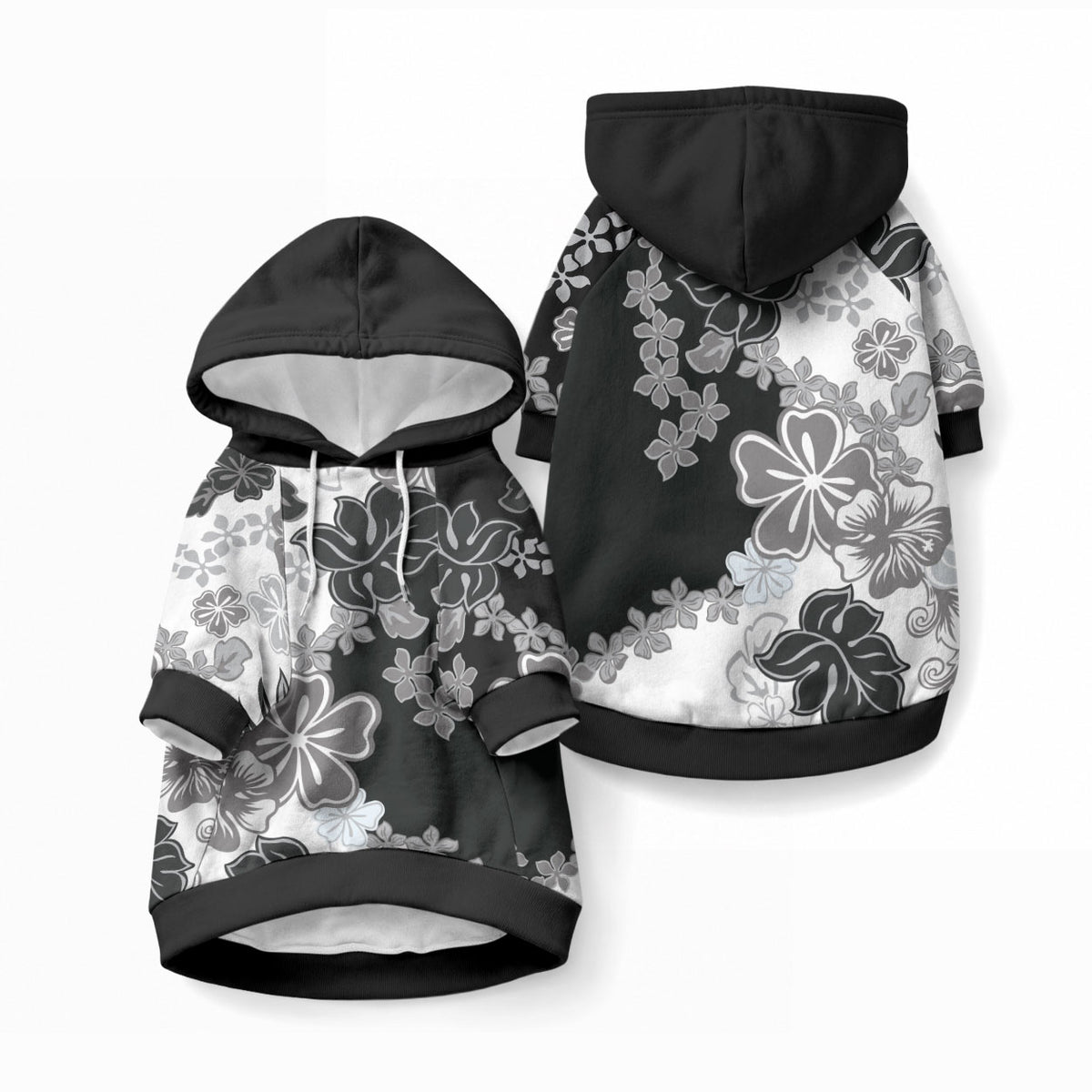 Gray Scale Hibiscus Plumeria Floral Pet Hoodie