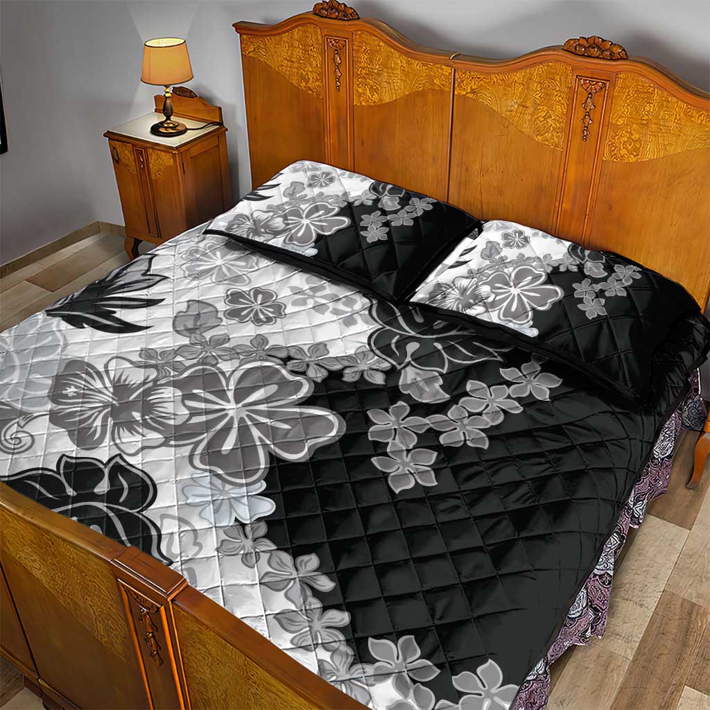 Gray Scale Hibiscus Plumeria Floral Quilt Bed Set - Polynesian Pride