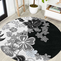 Gray Scale Hibiscus Plumeria Floral Round Carpet - Polynesian Pride