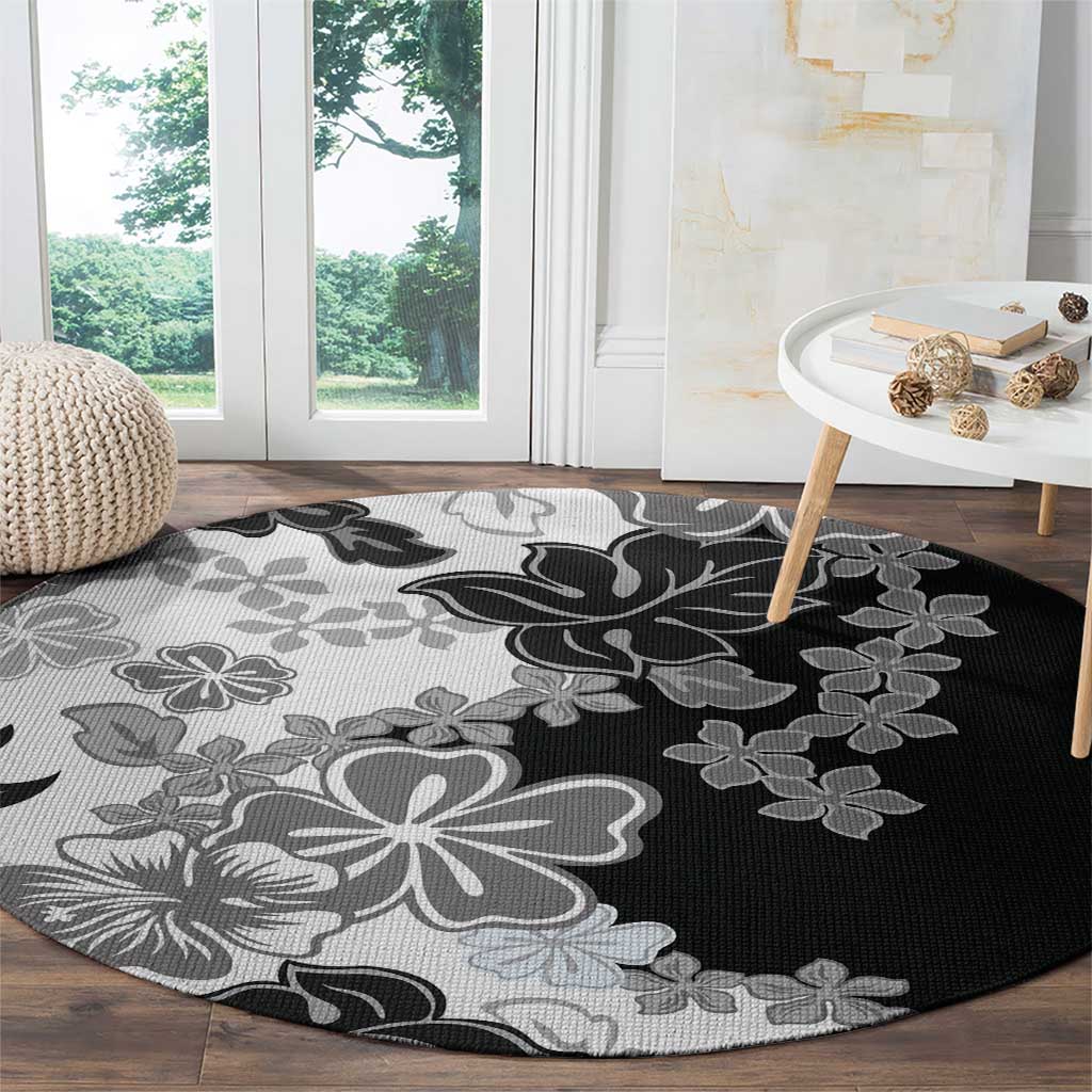Gray Scale Hibiscus Plumeria Floral Round Carpet - Polynesian Pride