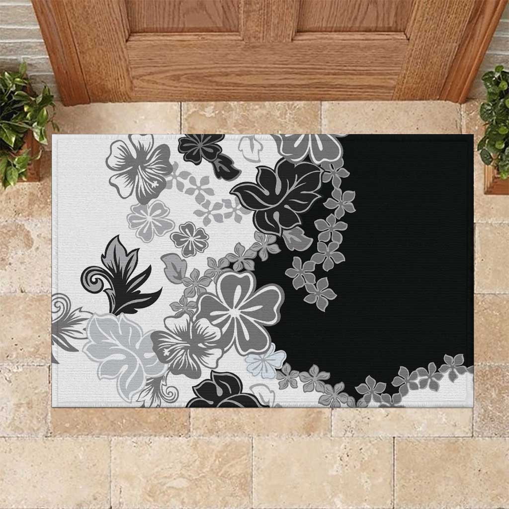 Gray Scale Hibiscus Plumeria Floral Rubber Doormat - Polynesian Pride