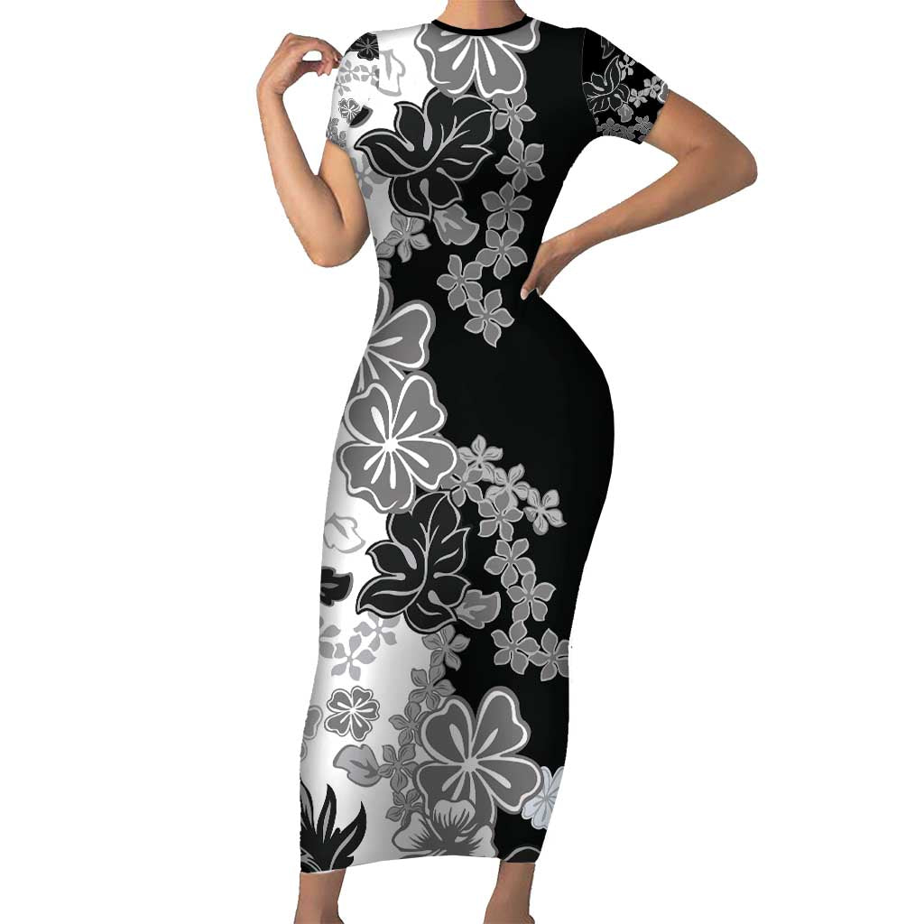 Gray Scale Hibiscus Plumeria Floral Short Sleeve Bodycon Dress - Polynesian Pride