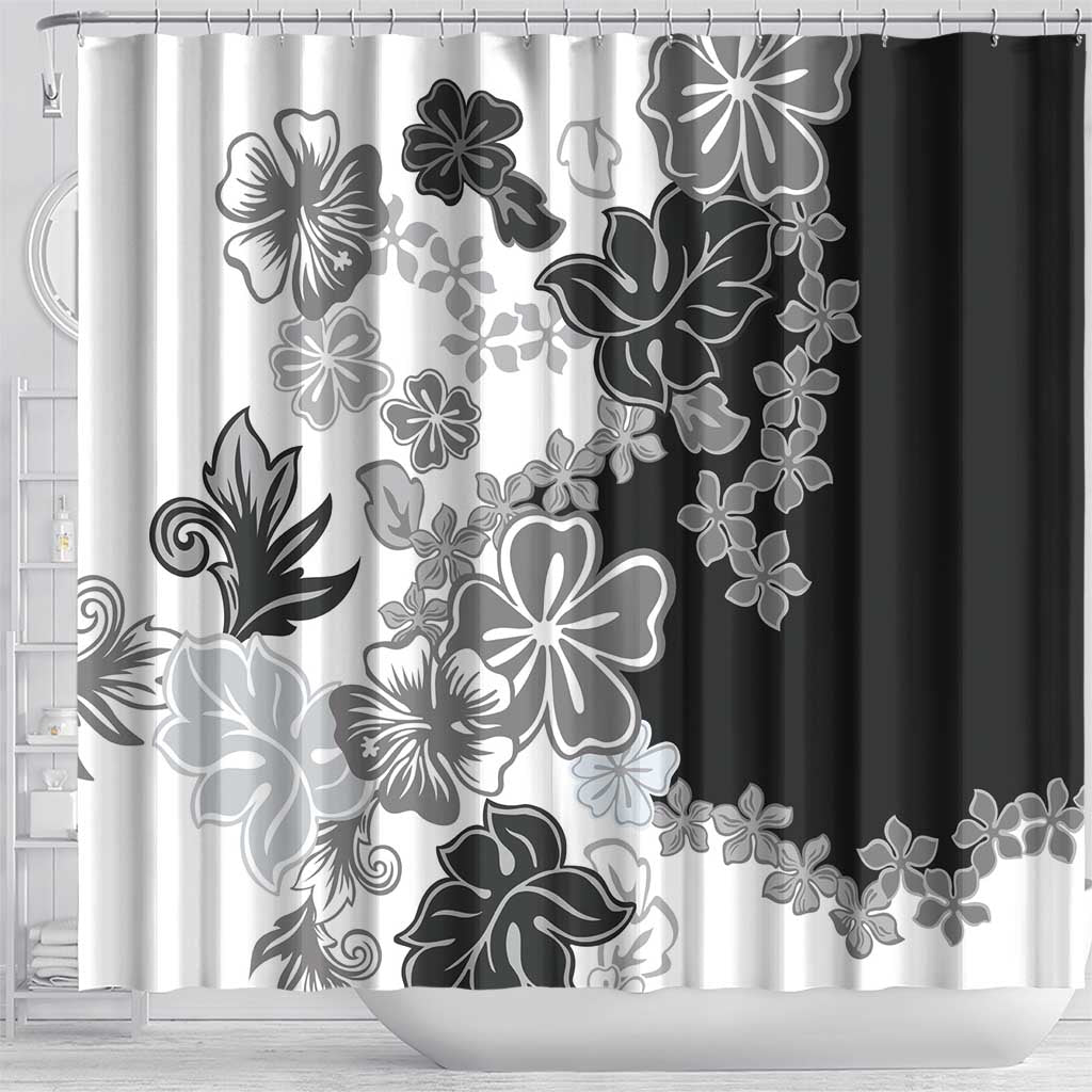Gray Scale Hibiscus Plumeria Floral Shower Curtain - Polynesian Pride