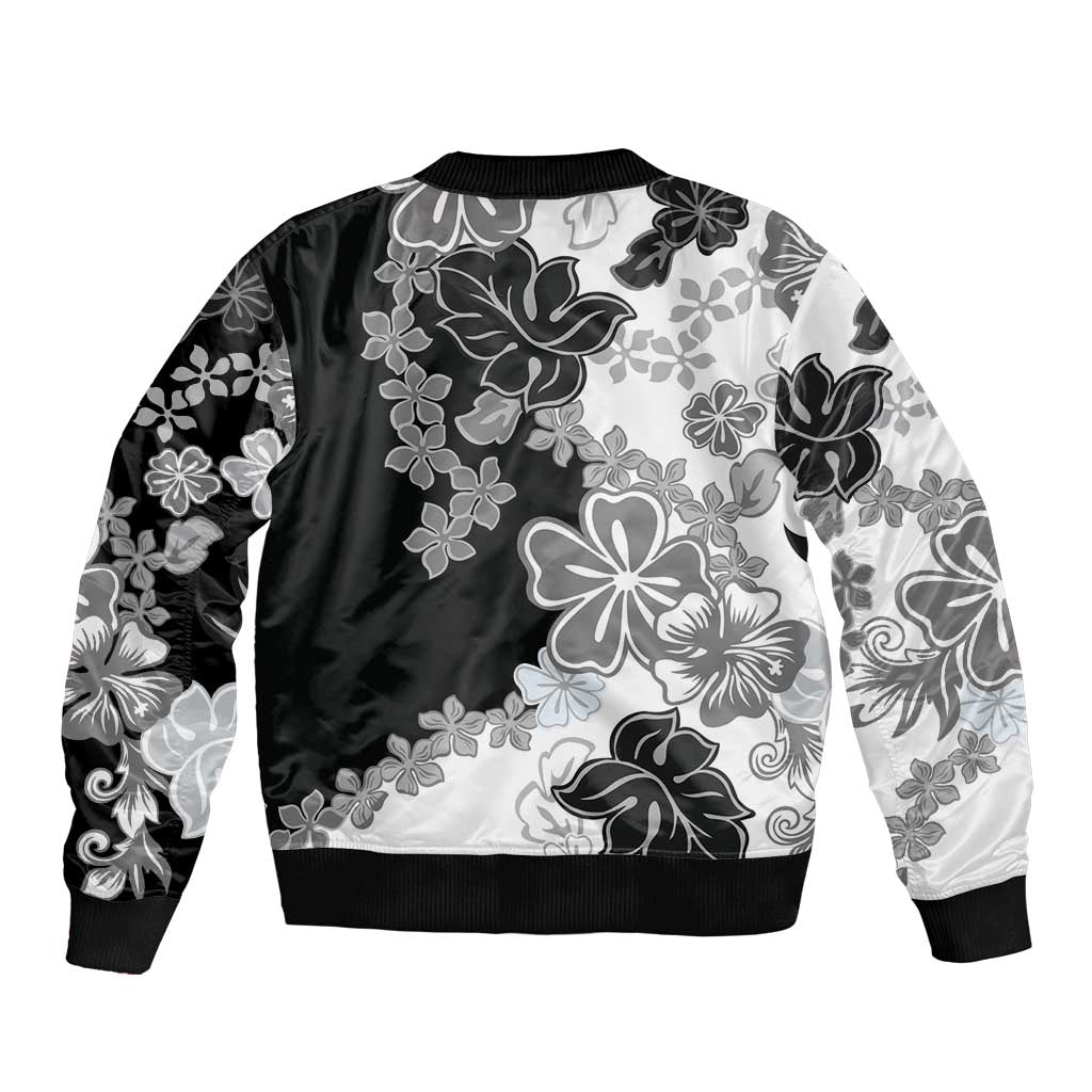 Gray Scale Hibiscus Plumeria Floral Sleeve Zip Bomber Jacket - Polynesian Pride