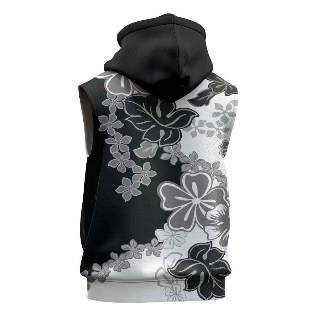 Gray Scale Hibiscus Plumeria Floral Sleeveless Hoodie - Polynesian Pride
