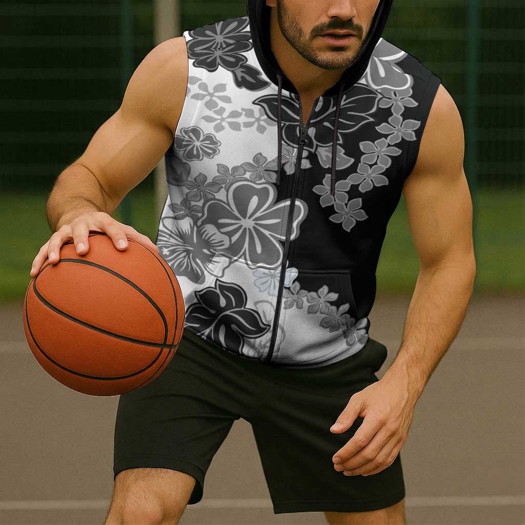 Gray Scale Hibiscus Plumeria Floral Sleeveless Zip Hoodie - Polynesian Pride