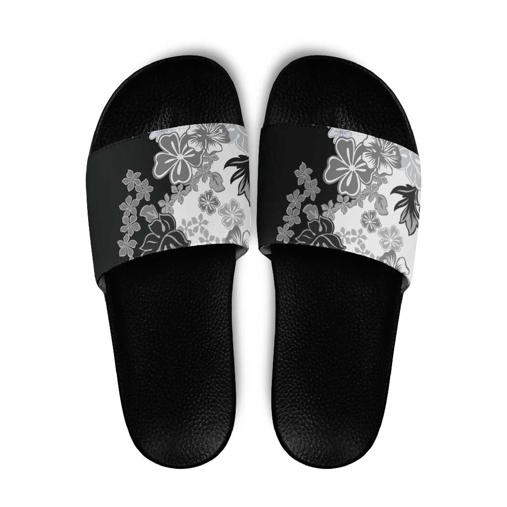 Gray Scale Hibiscus Plumeria Floral Slide Sandals - Polynesian Pride