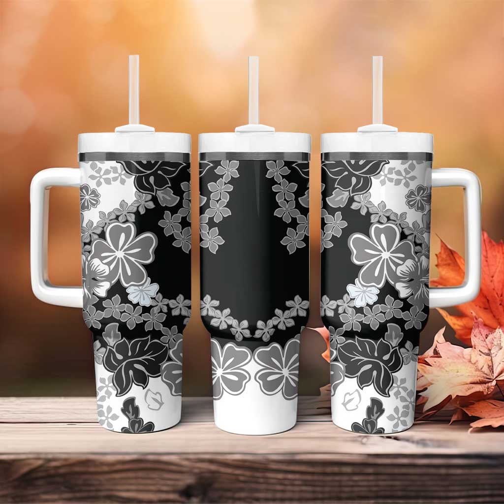 Gray Scale Hibiscus Plumeria Floral Tumbler With Handle - Polynesian Pride