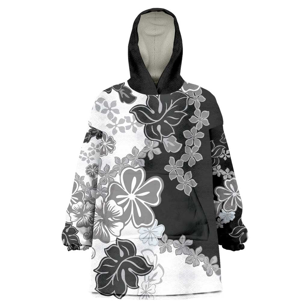 Gray Scale Hibiscus Plumeria Floral Wearable Blanket Hoodie - Polynesian Pride