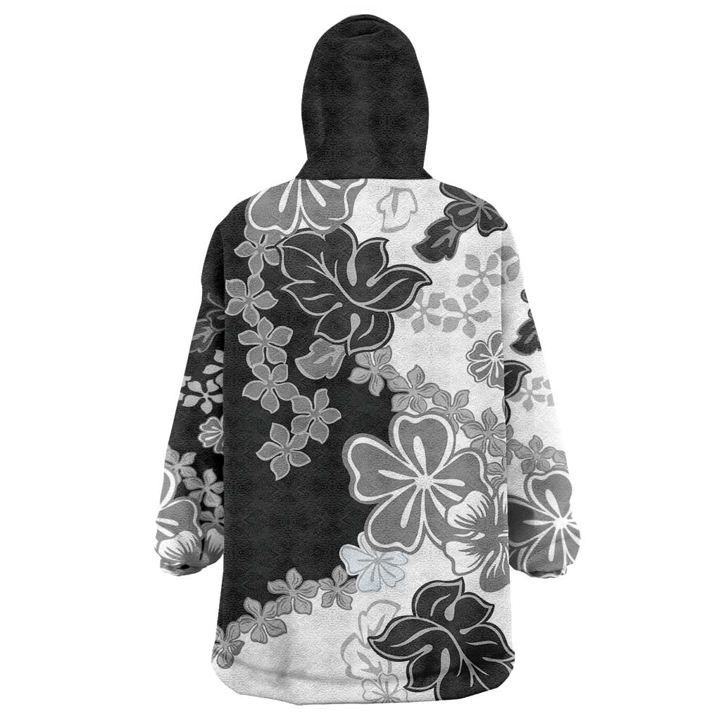 Gray Scale Hibiscus Plumeria Floral Wearable Blanket Hoodie - Polynesian Pride