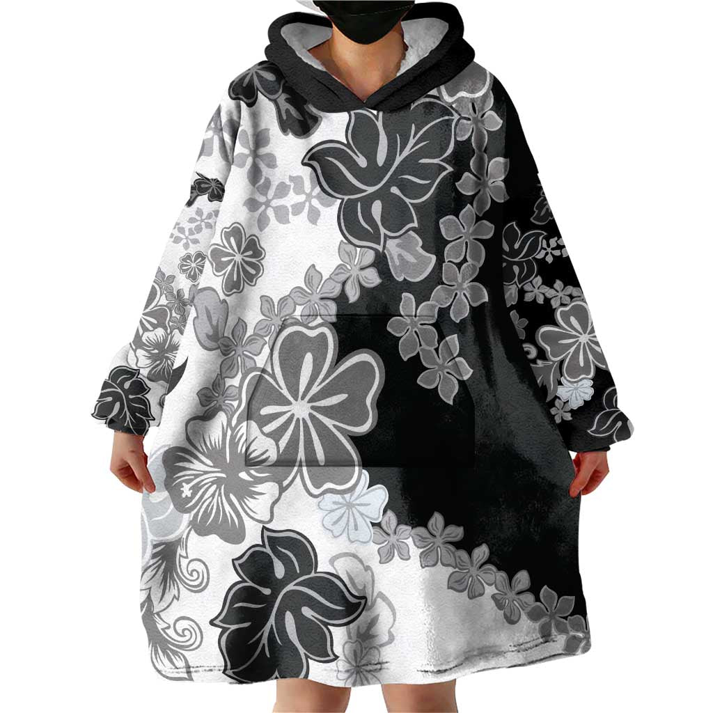 Gray Scale Hibiscus Plumeria Floral Wearable Blanket Hoodie - Polynesian Pride