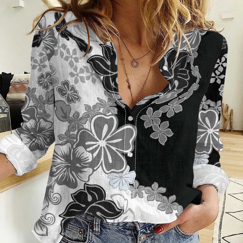 Gray Scale Hibiscus Plumeria Floral Women Casual Shirt - Polynesian Pride