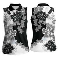 Gray Scale Hibiscus Plumeria Floral Women Sleeveless Polo Shirt - Polynesian Pride