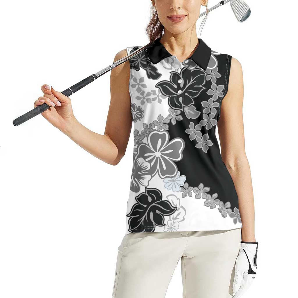 Gray Scale Hibiscus Plumeria Floral Women Sleeveless Polo Shirt - Polynesian Pride