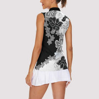Gray Scale Hibiscus Plumeria Floral Women Sleeveless Polo Shirt - Polynesian Pride