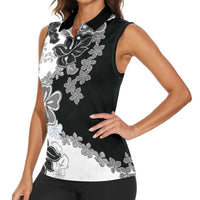 Gray Scale Hibiscus Plumeria Floral Women Sleeveless Polo Shirt - Polynesian Pride