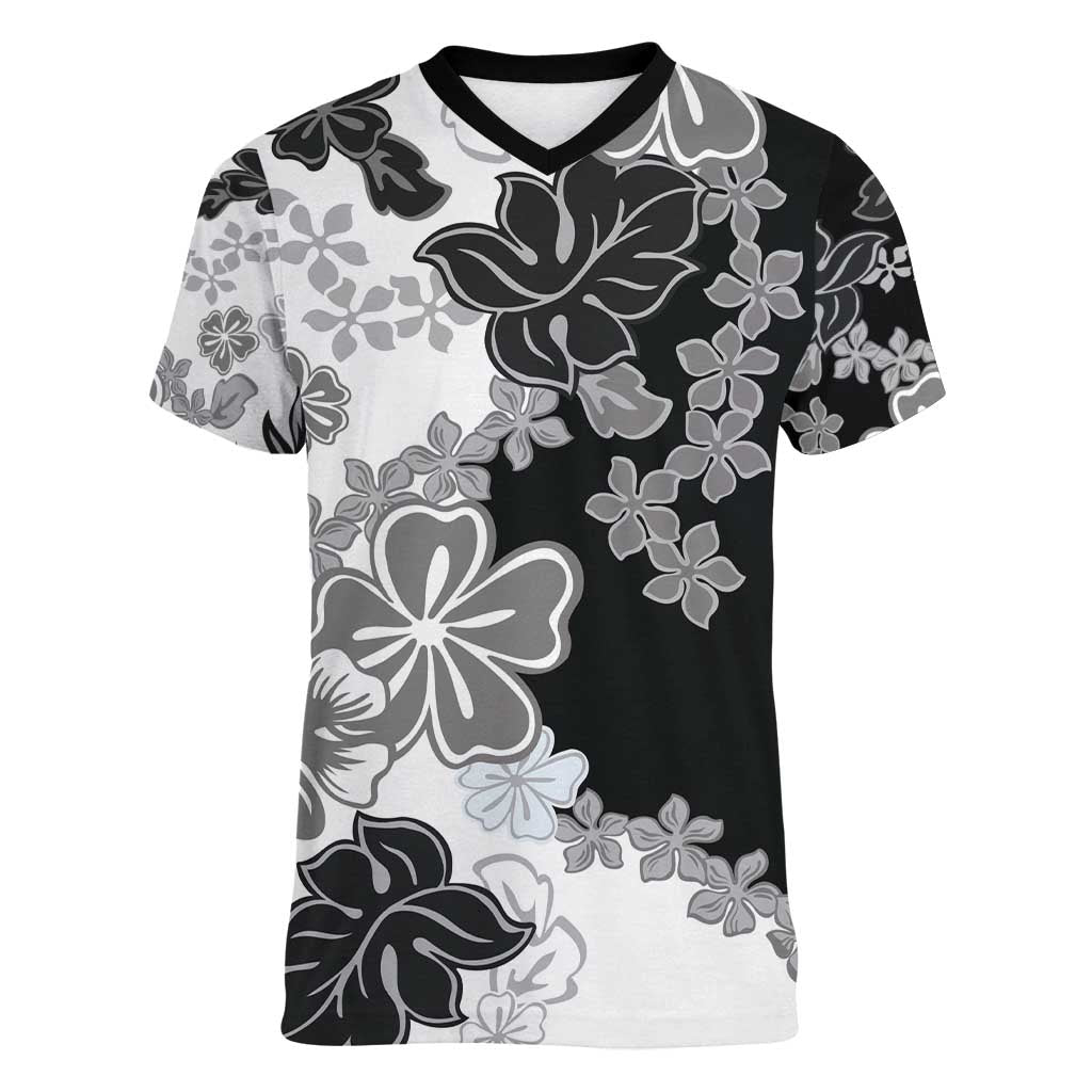 Gray Scale Hibiscus Plumeria Floral Women V-Neck T-Shirt - Polynesian Pride