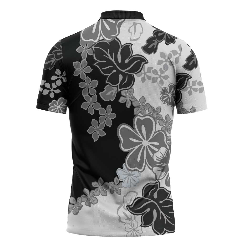 Gray Scale Hibiscus Plumeria Floral Zipper Polo Shirt - Polynesian Pride