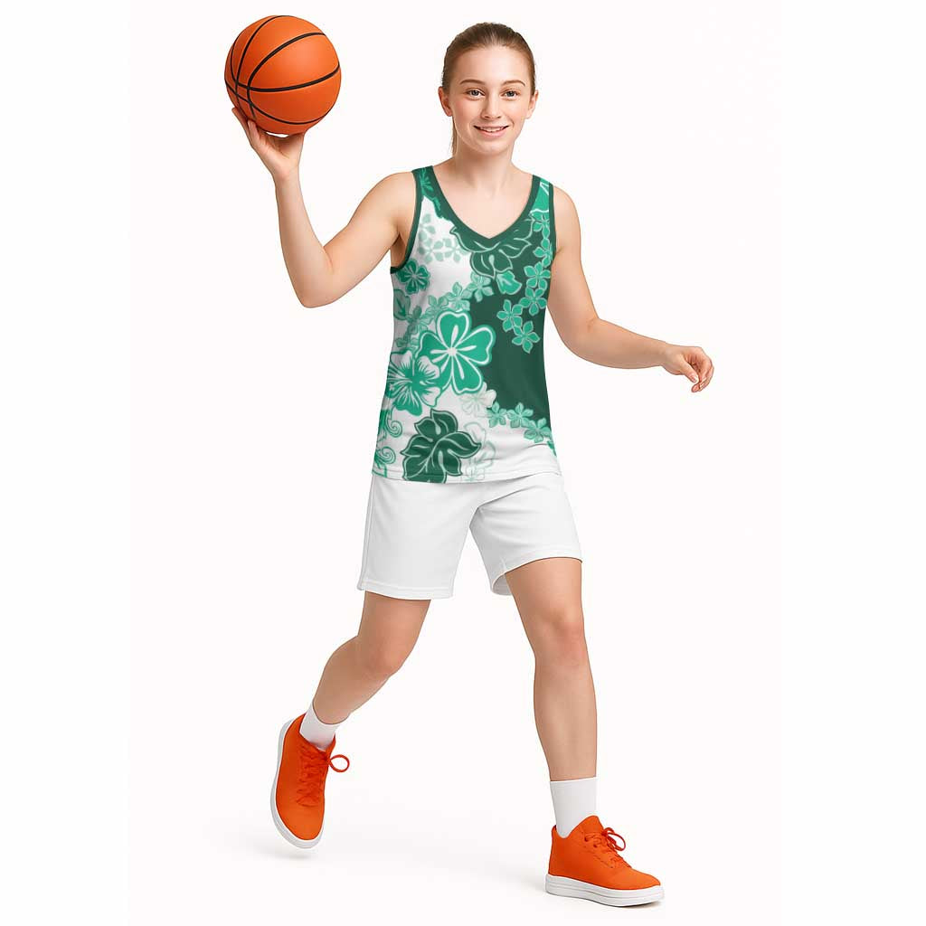 Green Hibiscus Plumeria Floral Basketball Jersey - Polynesian Pride