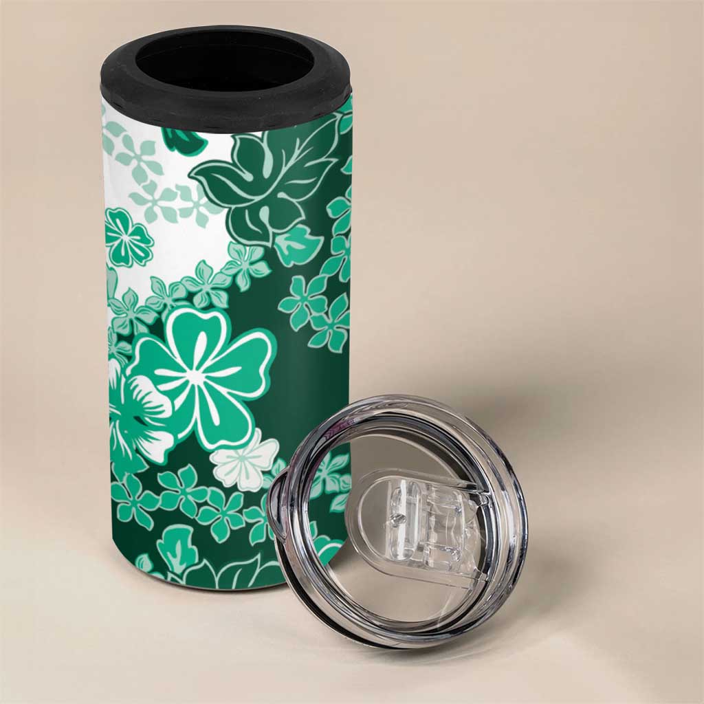 Green Hibiscus Plumeria Floral 4 in 1 Can Cooler Tumbler - Polynesian Pride