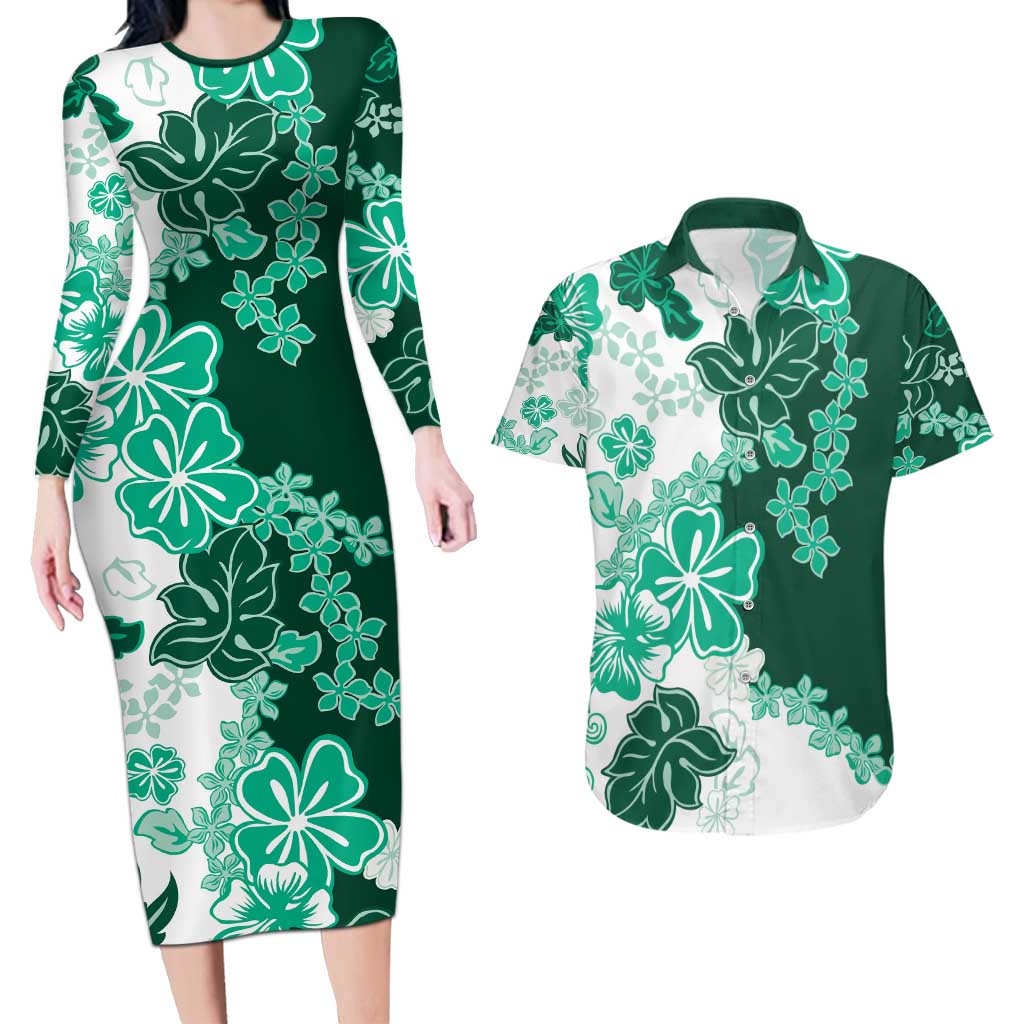 Green Hibiscus Plumeria Floral Couples Matching Long Sleeve Bodycon Dress and Hawaiian Shirt LT01 Green - Polynesian Pride