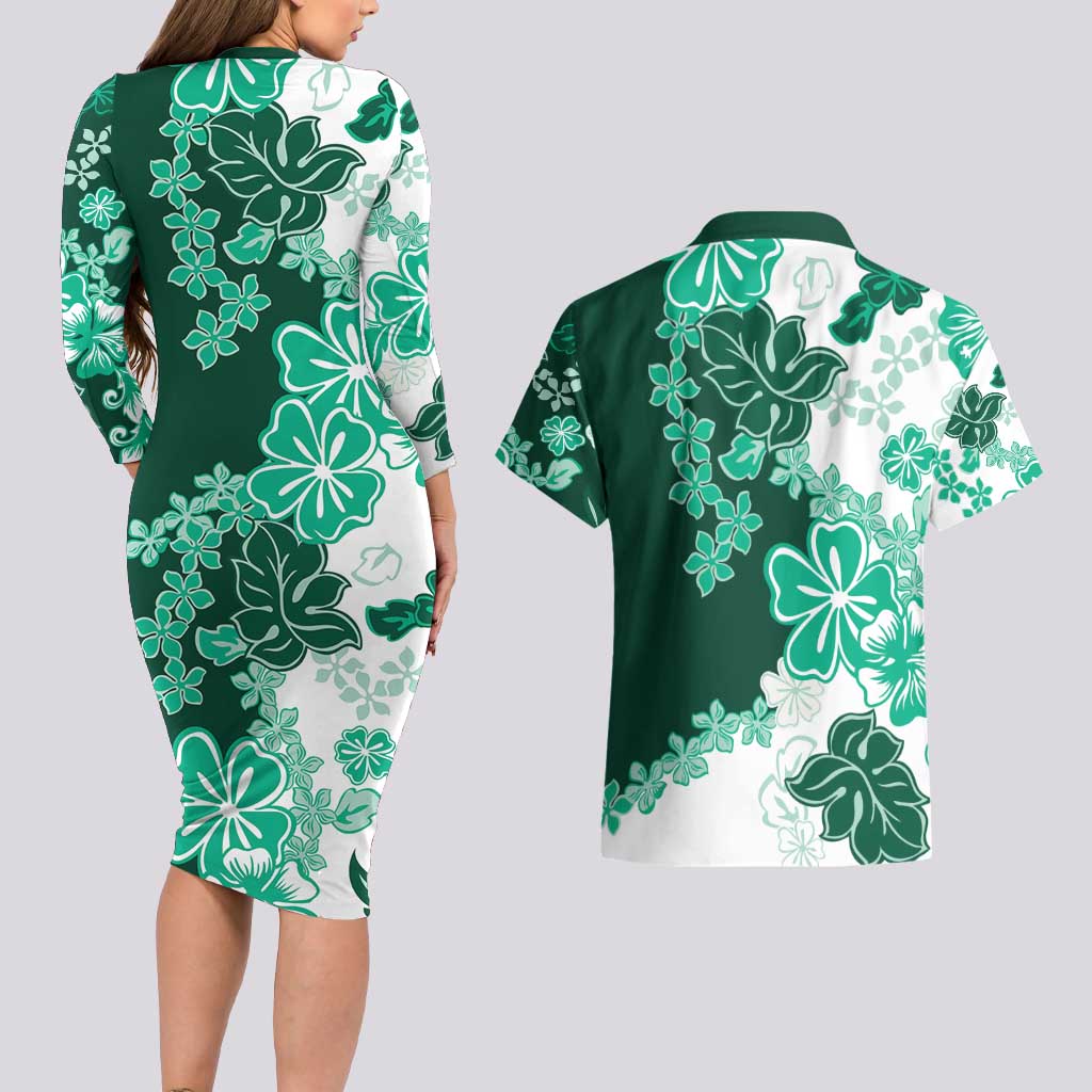 Green Hibiscus Plumeria Floral Couples Matching Long Sleeve Bodycon Dress and Hawaiian Shirt LT01 - Polynesian Pride