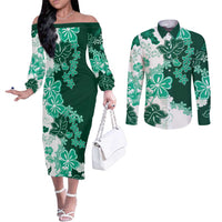 Green Hibiscus Plumeria Floral Couples Matching Off The Shoulder Long Sleeve Dress and Long Sleeve Button Shirt - Polynesian Pride