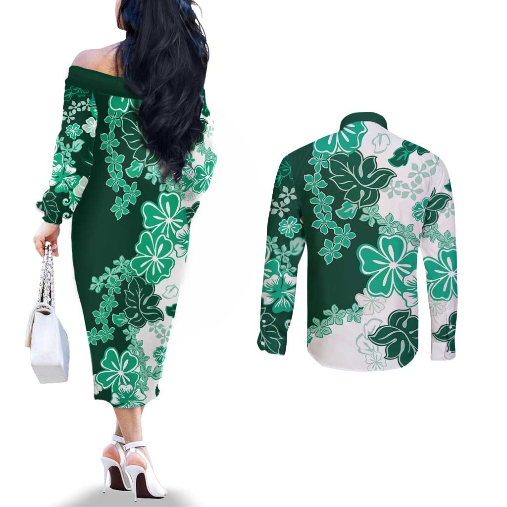 Green Hibiscus Plumeria Floral Couples Matching Off The Shoulder Long Sleeve Dress and Long Sleeve Button Shirt - Polynesian Pride