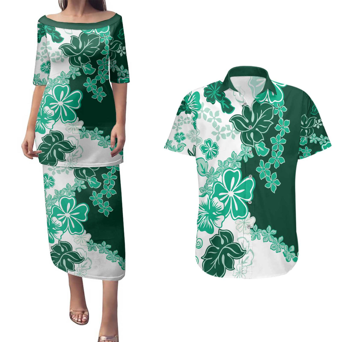 Green Hibiscus Plumeria Floral Couples Matching Puletasi and Hawaiian Shirt - Polynesian Pride