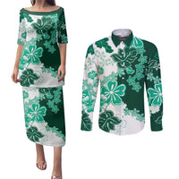 Green Hibiscus Plumeria Floral Couples Matching Puletasi and Long Sleeve Button Shirt - Polynesian Pride