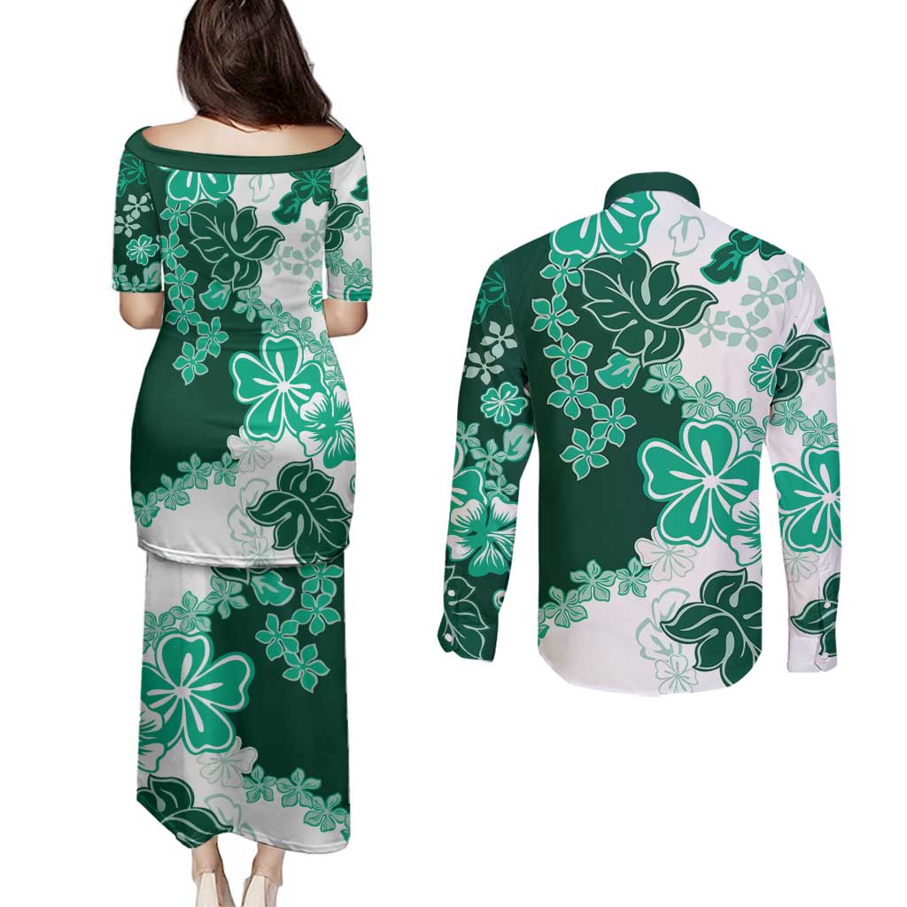 Green Hibiscus Plumeria Floral Couples Matching Puletasi and Long Sleeve Button Shirt - Polynesian Pride