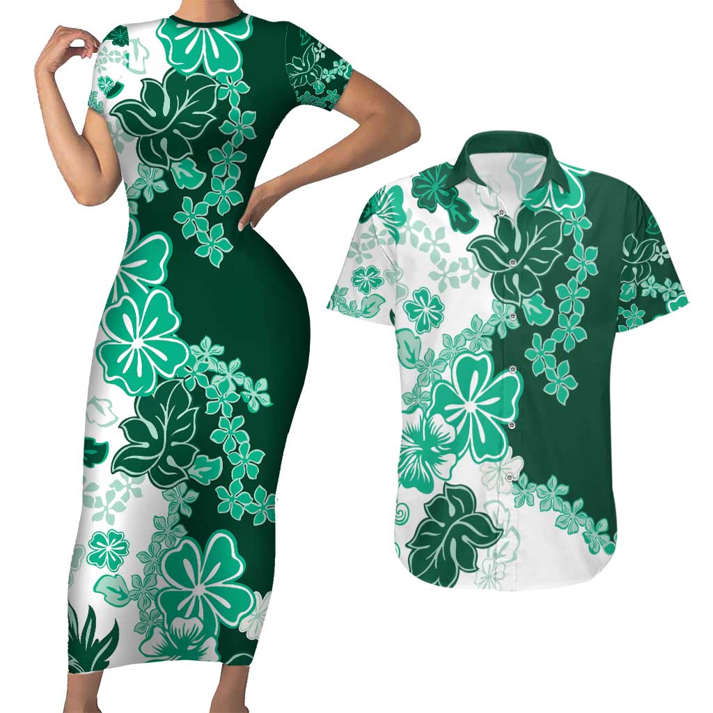 Green Hibiscus Plumeria Floral Couples Matching Short Sleeve Bodycon Dress and Hawaiian Shirt LT01 Green - Polynesian Pride