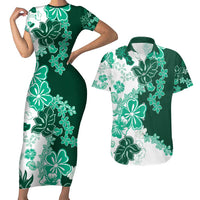 Green Hibiscus Plumeria Floral Couples Matching Short Sleeve Bodycon Dress and Hawaiian Shirt LT01 Green - Polynesian Pride