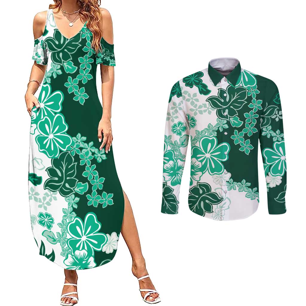 Green Hibiscus Plumeria Floral Couples Matching Summer Maxi Dress and Long Sleeve Button Shirt - Polynesian Pride