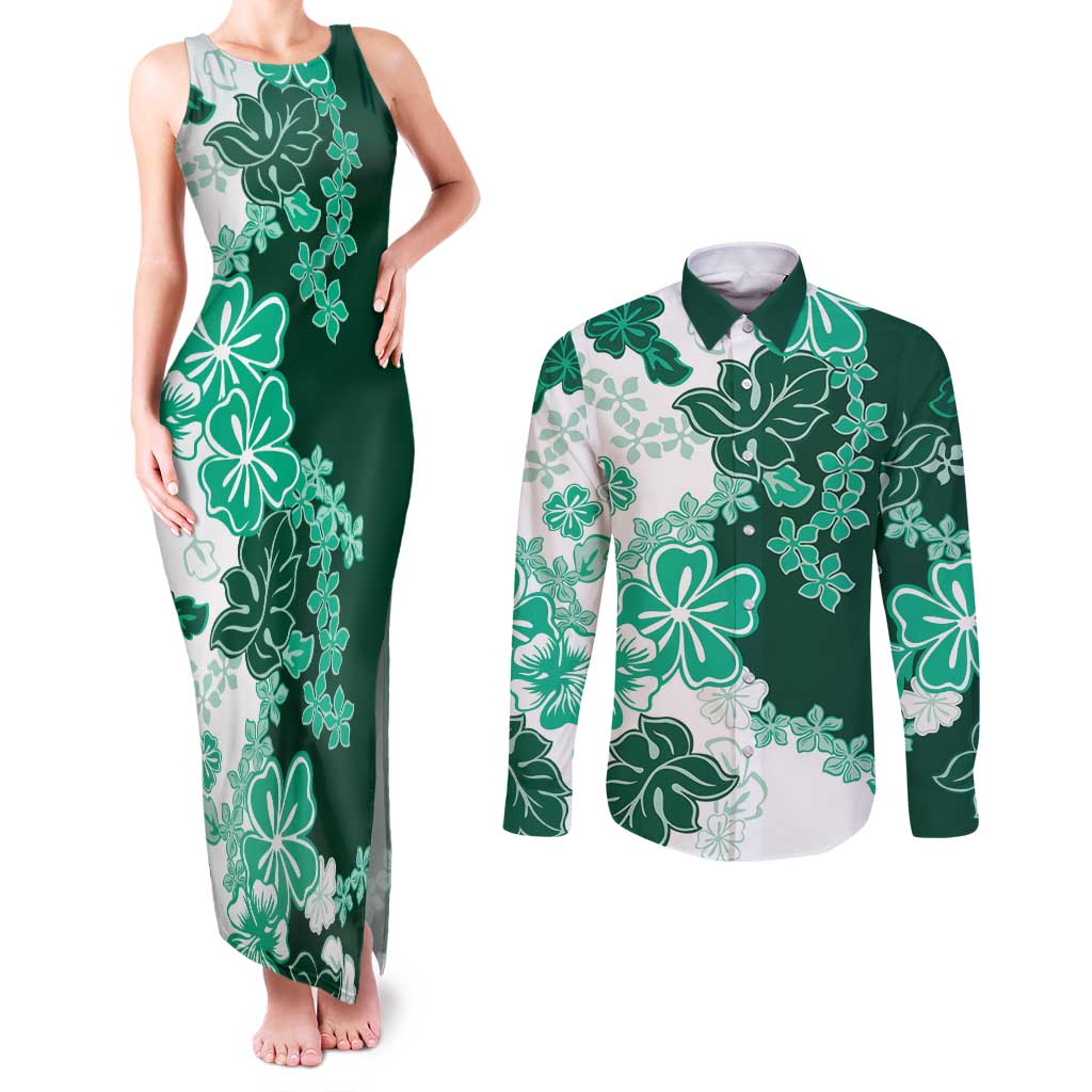 Green Hibiscus Plumeria Floral Couples Matching Tank Maxi Dress and Long Sleeve Button Shirt - Polynesian Pride