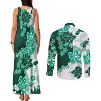 Green Hibiscus Plumeria Floral Couples Matching Tank Maxi Dress and Long Sleeve Button Shirt - Polynesian Pride