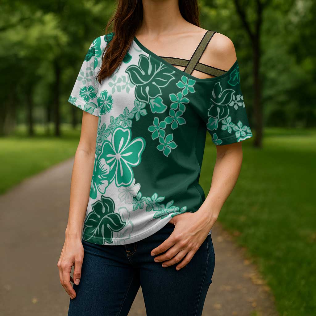 Green Hibiscus Plumeria Floral Cross Shoulder Shirt - Polynesian Pride