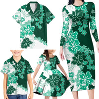 Green Hibiscus Plumeria Floral Family Matching Long Sleeve Bodycon Dress and Hawaiian Shirt LT01 - Polynesian Pride