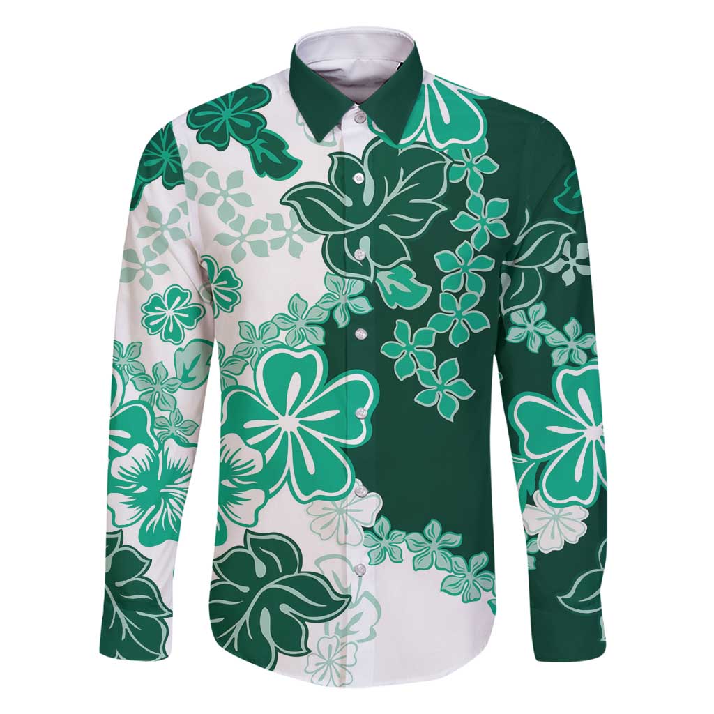 Green Hibiscus Plumeria Floral Family Matching Long Sleeve Bodycon Dress and Hawaiian Shirt LT01 Dad's Shirt - Long Sleeve Green - Polynesian Pride