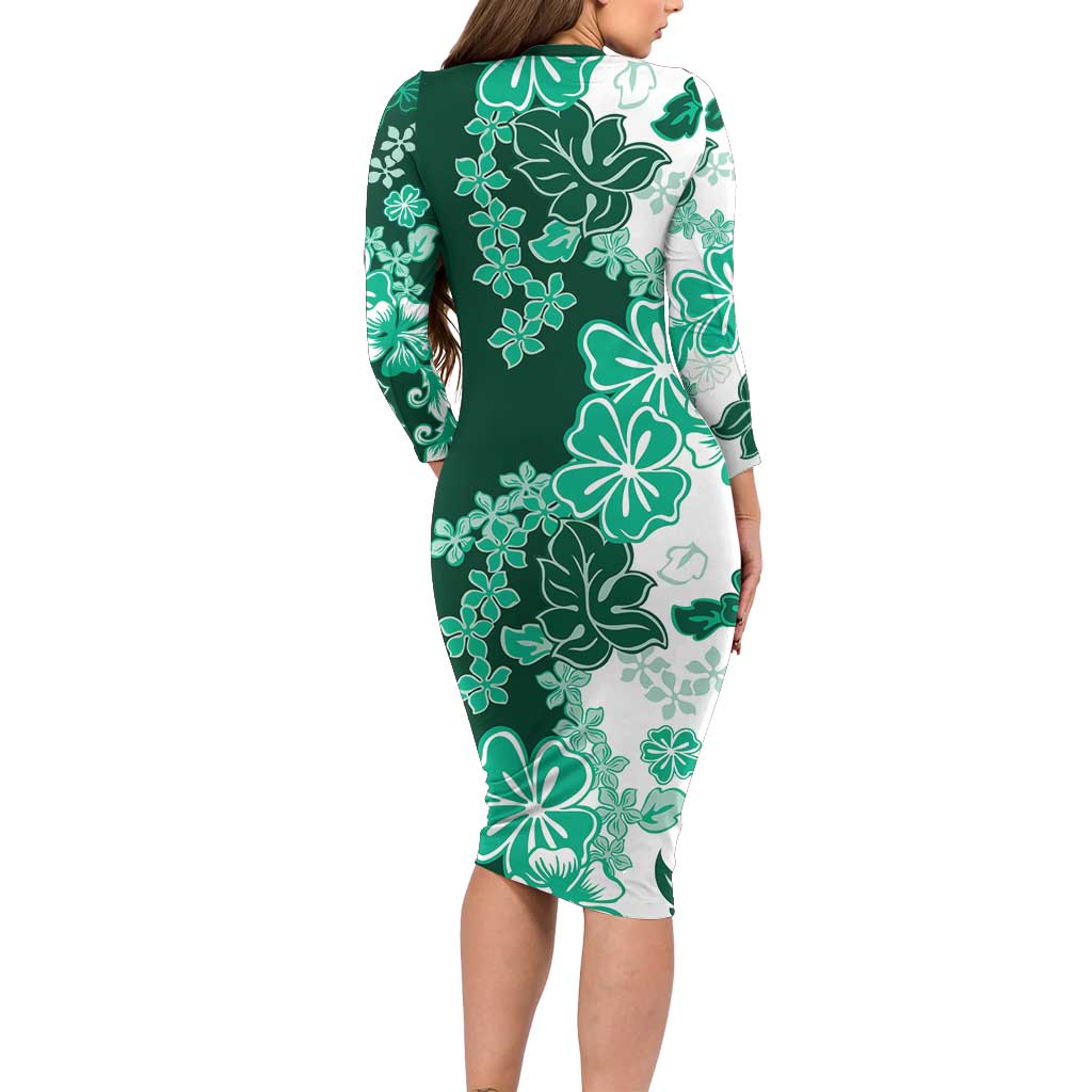 Green Hibiscus Plumeria Floral Family Matching Long Sleeve Bodycon Dress and Hawaiian Shirt LT01 - Polynesian Pride