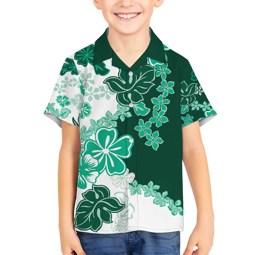 Green Hibiscus Plumeria Floral Family Matching Long Sleeve Bodycon Dress and Hawaiian Shirt LT01 Son's Shirt Green - Polynesian Pride