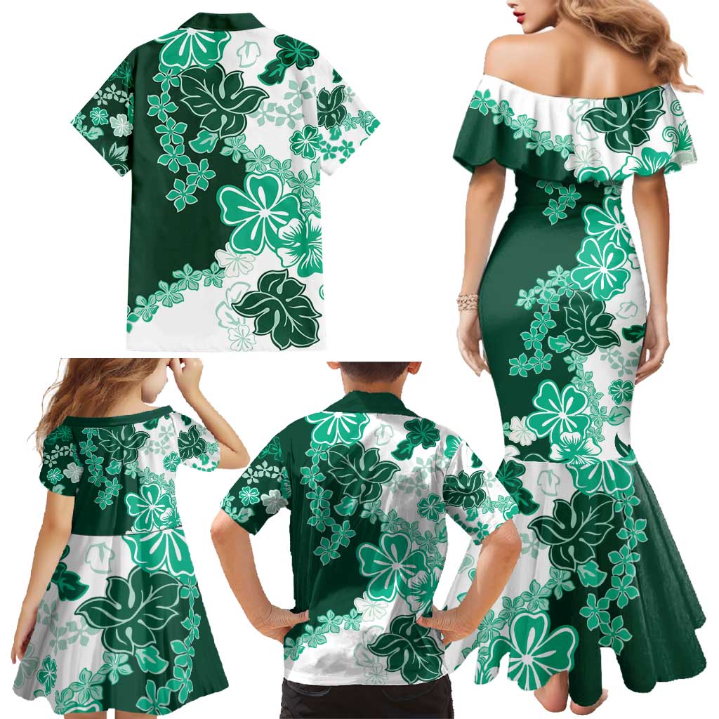 Green Hibiscus Plumeria Floral Family Matching Mermaid Dress and Hawaiian Shirt LT01 - Polynesian Pride