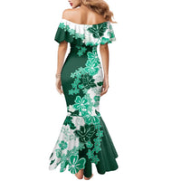 Green Hibiscus Plumeria Floral Family Matching Mermaid Dress and Hawaiian Shirt LT01 - Polynesian Pride