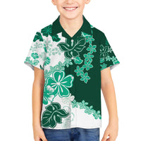 Green Hibiscus Plumeria Floral Family Matching Off The Shoulder Long Sleeve Dress and Hawaiian Shirt - Polynesian Pride