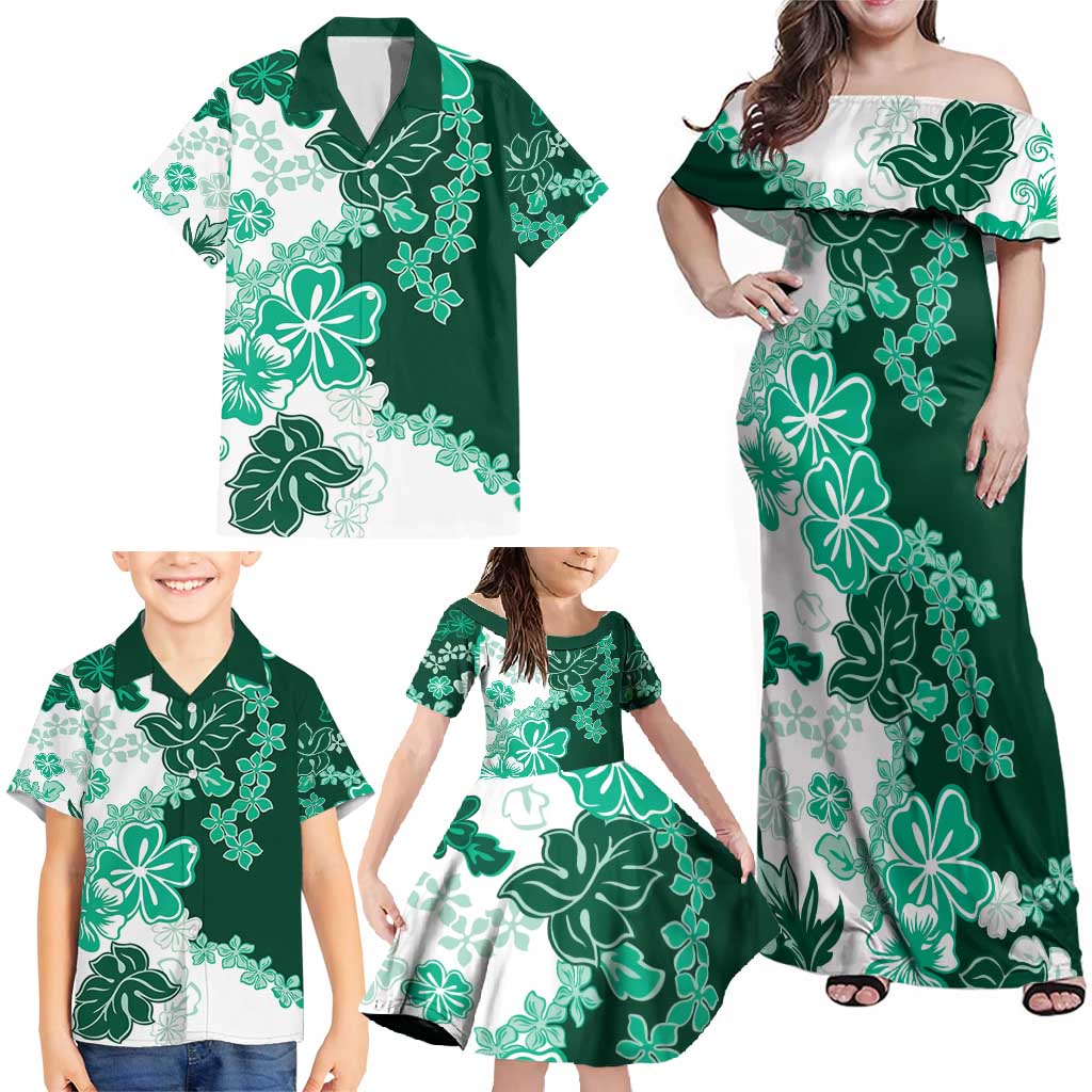 Green Hibiscus Plumeria Floral Family Matching Off Shoulder Maxi Dress and Hawaiian Shirt - Polynesian Pride