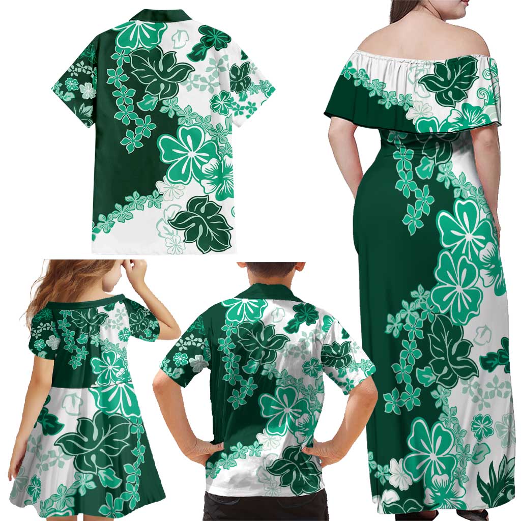 Green Hibiscus Plumeria Floral Family Matching Off Shoulder Maxi Dress and Hawaiian Shirt - Polynesian Pride