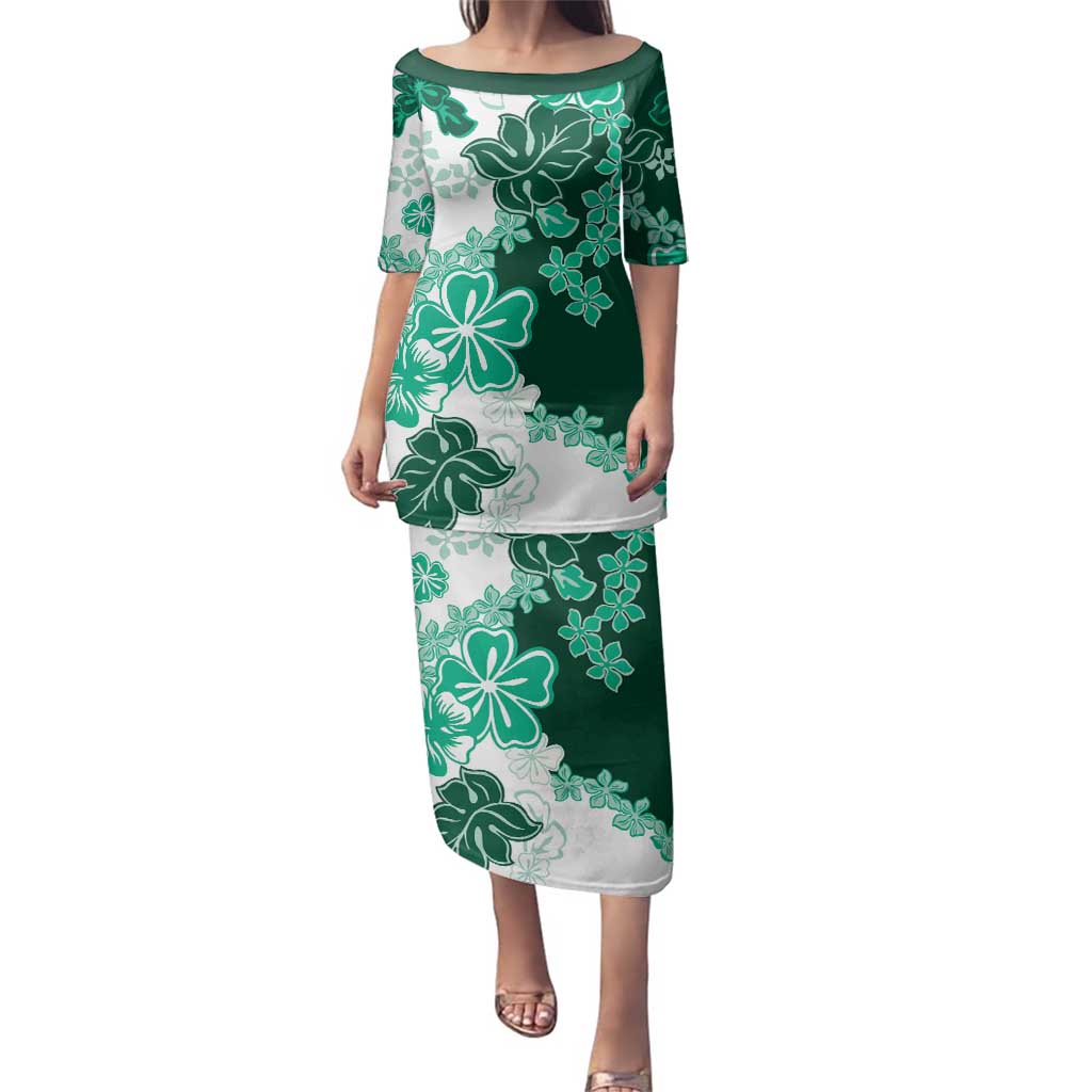 Green Hibiscus Plumeria Floral Family Matching Puletasi and Hawaiian Shirt LT01 Mom's Dress Green - Polynesian Pride