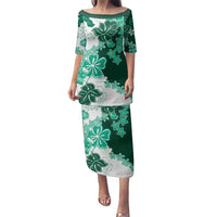 Green Hibiscus Plumeria Floral Family Matching Puletasi and Hawaiian Shirt LT01 Mom's Dress Green - Polynesian Pride