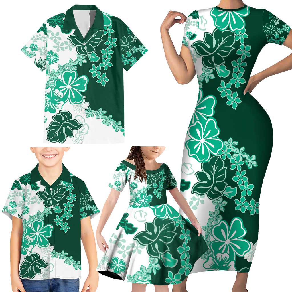 Green Hibiscus Plumeria Floral Family Matching Short Sleeve Bodycon Dress and Hawaiian Shirt LT01 - Polynesian Pride