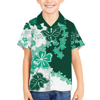 Green Hibiscus Plumeria Floral Family Matching Short Sleeve Bodycon Dress and Hawaiian Shirt LT01 Son's Shirt Green - Polynesian Pride
